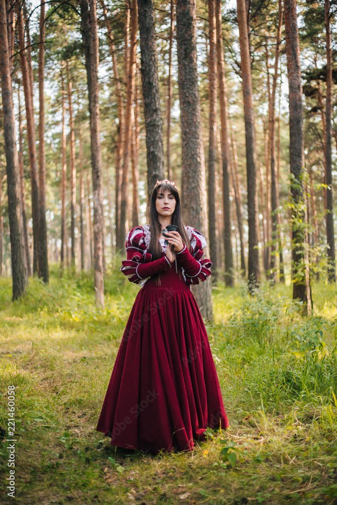 A beautiful girl with black long hair in a medieval, red dress with a crown on her head walks in the forest. Fairy-tale princess. Fantasy A beautiful girl with black long hair in a medieval, red dress with a crown on her head walks in the forest. Fairy-tale princess. Fantasy