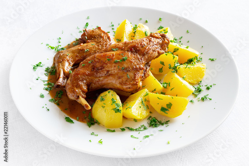 marinated and stewed in white wine with spices and herbs rabbit garished with potato sprinkled with parsley