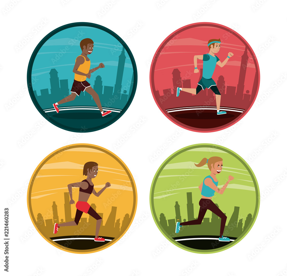 Set of people running round icons