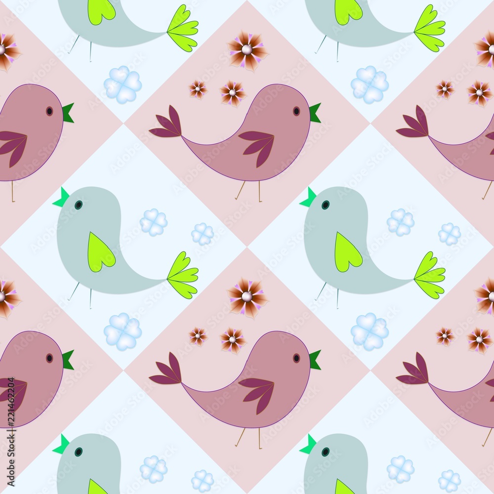 Happy seamless pattern with colored birds. Childish illustration in cartoon style. Blue and brown  background.Happy Easter...