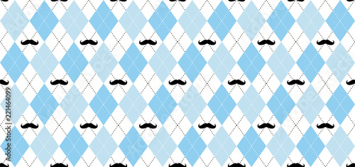 Argyle vector pattern. Light blue and white squares with black mustache and white dotted line. Seamless geometric background for men's clothing, wrapping paper. Little Man (baby boy) party invite card