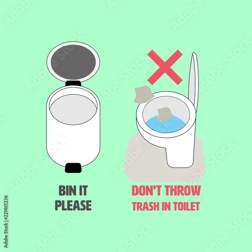 Outline flat icons of bin and flush toilet. Bin it please, don’t throw trash in toilet notice. Vector illustration.