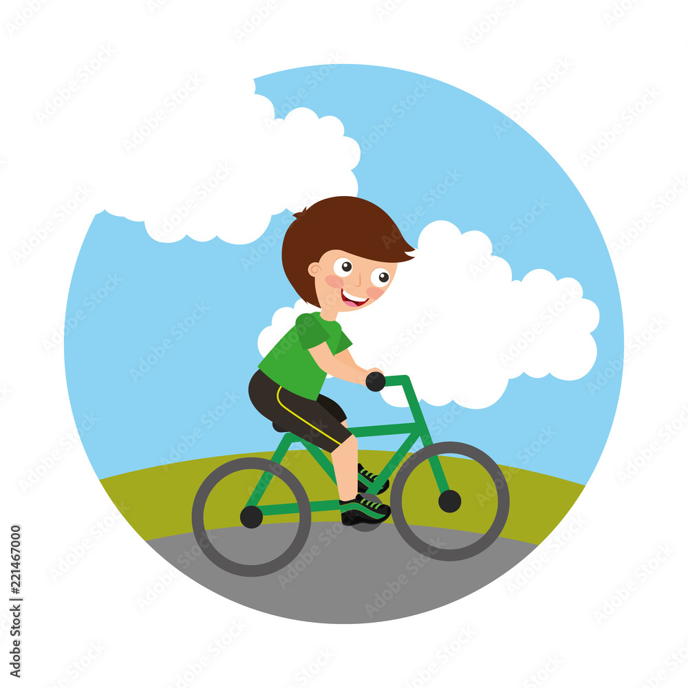 young boy in bicycle isolated icon
