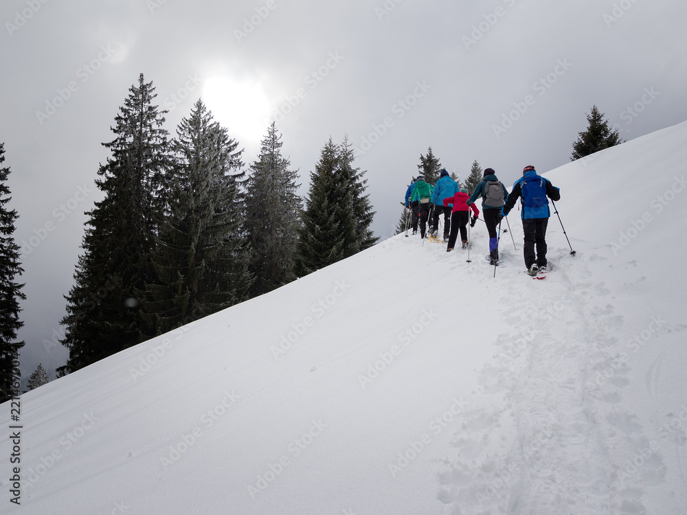 Snowshoe hikers on a deep snowy slope