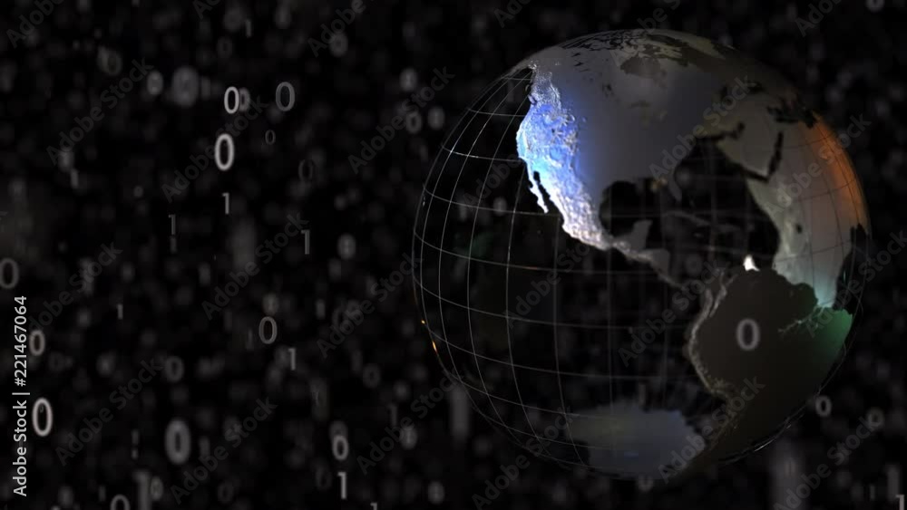Vidéo Stock Metallic Earth globe model and falling binary computer code ...