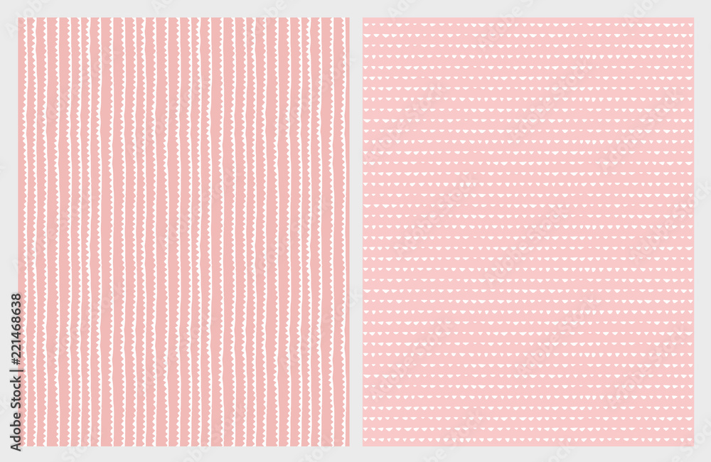 Fototapeta premium Cute Hand Drawn Abstract Vector Patterns. White Vertical Lines and Triangles. Pink Background. Irregular Simple Design. 