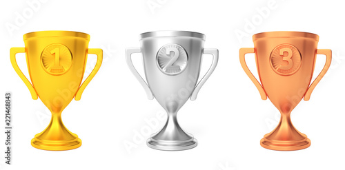 Gold silver bronze cup winner  award isolated on white. 3d render