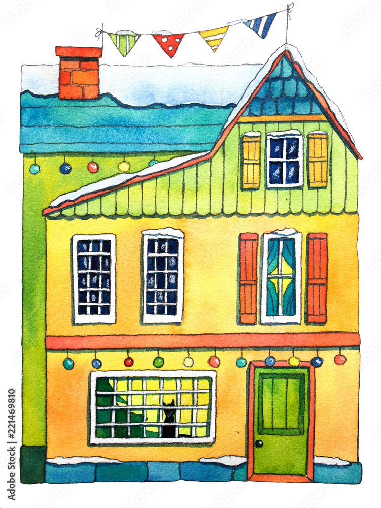 Watercolor Illustration. Winter House
