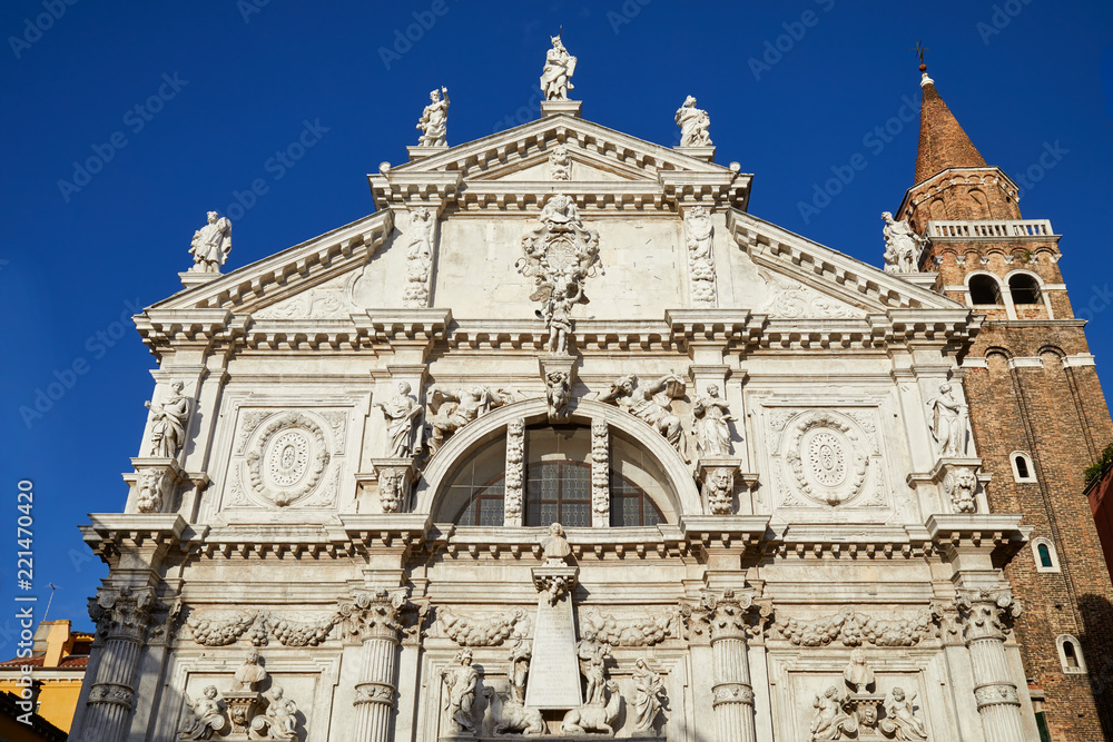 San Moise church barque facade in Venice, blue sky in a sunny summer day in Italy
