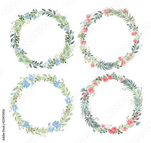 Vector set of blank round floral frames in watercolor style isolated on white background