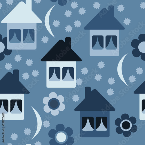 Seamless pattern with cute cartoon houses. The concept of time to sleep, chil...
