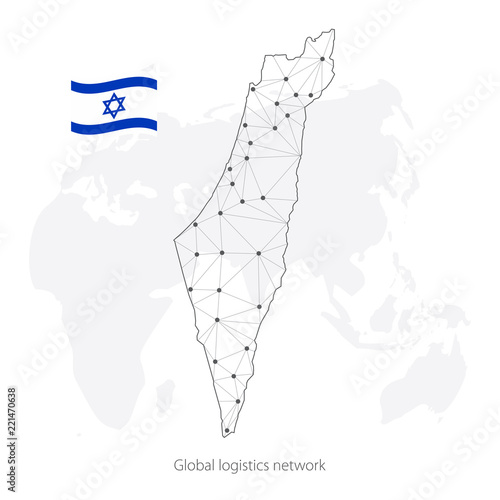 Global logistics network concept. Communications network map Israel on the world background. Map Israel with nodes in polygonal style and flag. Vector illustration EPS10. 