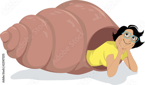 Introvert woman in glasses peaking out of a hermit crab shell, EPS 8 vector illustration