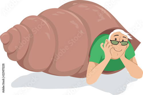 Fototapet Introvert man in glasses peaking out of a hermit crab shell, EPS 8 vector illust