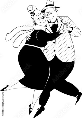 Cute couple of senior citizens dancing tango, EPS 8 vector illustration, no white objects 