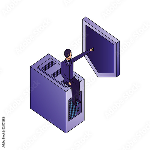 businessman sitting on databse and pointing shield photo