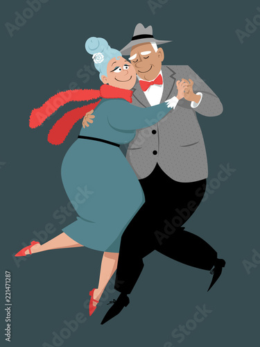 Cute couple of senior citizens dancing tango, EPS 8 vector illustration