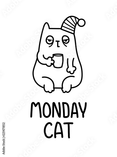 A Cartoon Vector Illustration Of The Exhausted Tired Sleepy Monday Morning Cat With A Cup Of Coffee In A Hat