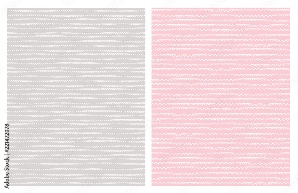 Fototapeta premium Delicate Hand Drawn Abstract Trail Vector Patterns. White Lines. Pink and Light Gray Backgrounds. Irregular Simple Design. Infantile Style.