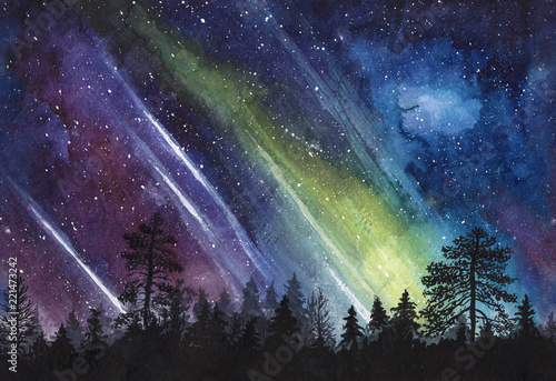 Night starry sky with aurora and forest silhouette - watercolor horizontally seamless illustration