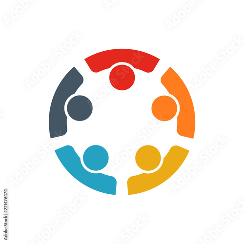 Teamwork of five persons working together to reach a goal