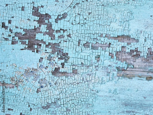 Texture of old wooden surface with crumbling blue paint © Tetiana