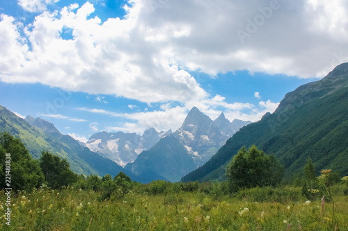 Summer mountain landscapes of Karachay Cherkessia, Dombay, Western Caucasus.