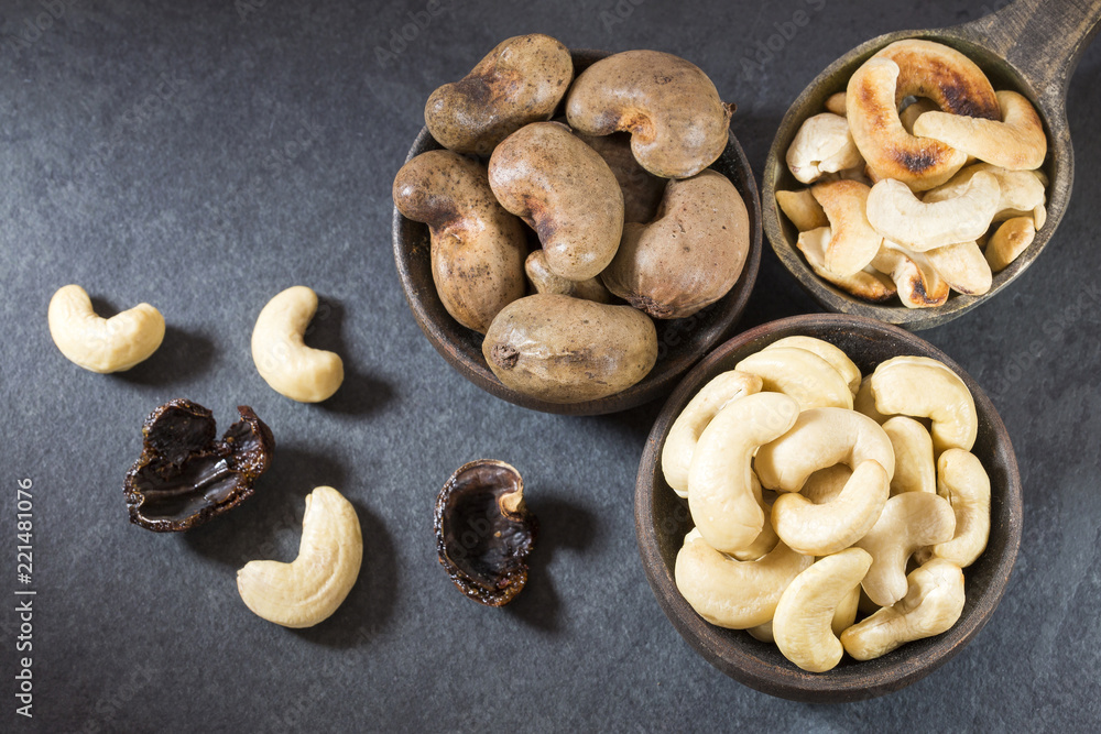 Natural and roasted cashew nut - Anacardium occidentale. Top view Natural and roasted cashew nut - Anacardium occidentale. Top view