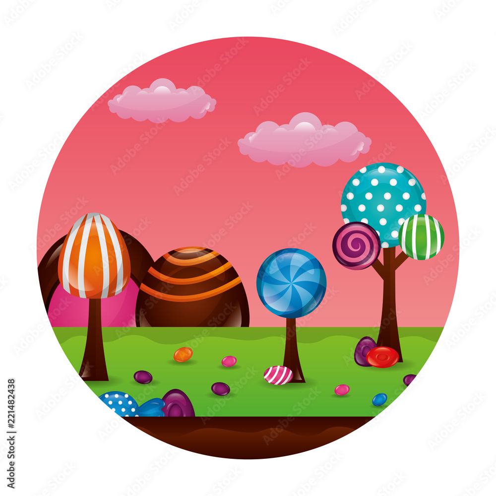 Naklejka premium fantasy sweet candies chocolate landscape