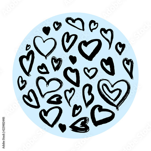 Heart ink illustrations, circle structure hearts, hearts backgrounds with glam rock style.