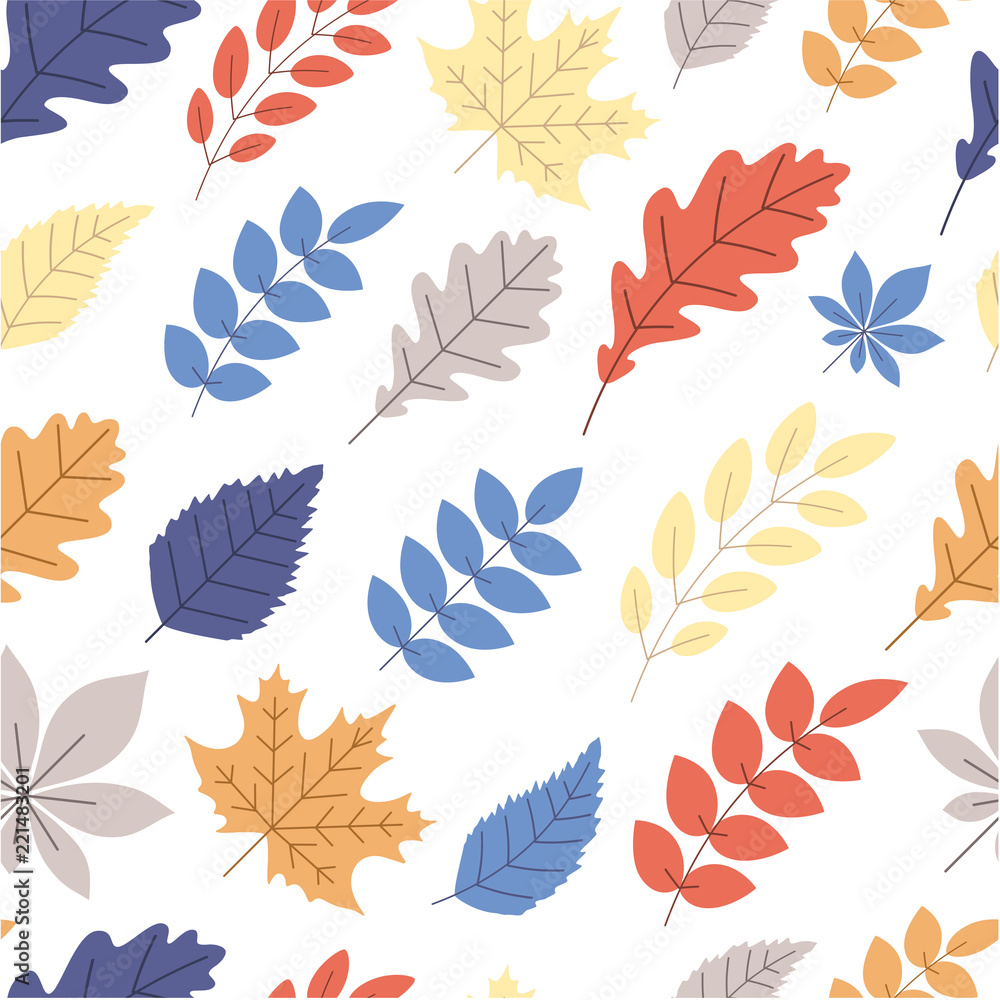 White autumn background with color leaves. Seamless pattern.