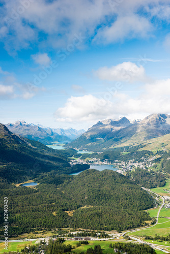 View of the top of Piz da Staz and lakes in the area St.Moritz.