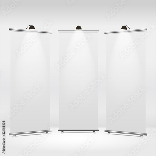 Blank roll-up banner display in the room. Vector