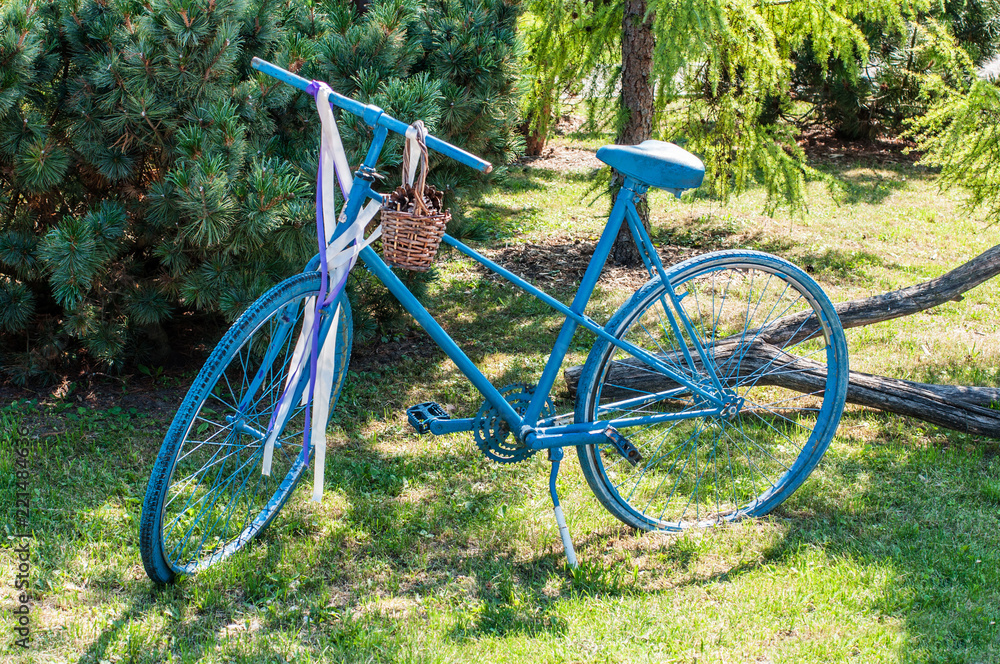 Fototapeta premium Old blue bicycle in the garden