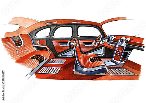 Illustration of a retro car interior design project.