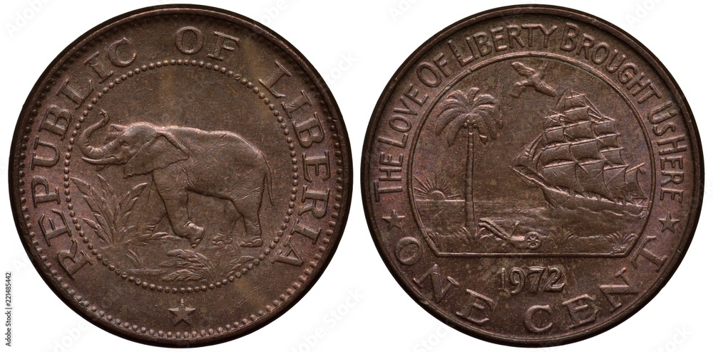 Liberia Liberian coin 1 one cent 1972, elephant in jungle, palm tree ...