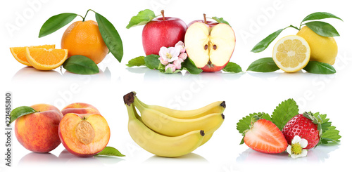 Früchte Obst Collage frische Apfel Orange Banane Erdbeere Äpfel Zitrone