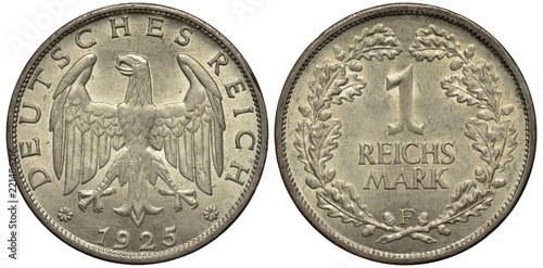 Germany German silver coin 1 one mark 1925, eagle, date below flanked by rosettes, value flanked by oak branches with acorns,