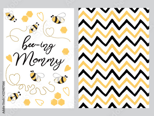 Mothers day set design set text Mommy to bee decorated bee, zig zag ornament card poster logo