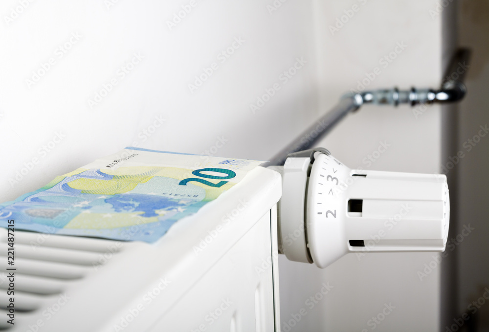 Radiator and Twenty Euro. Money on heating battery. Radiator and Twenty Euro. Money on heating battery.