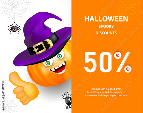 Halloween holiday sale banner or flyer. Happy orange pumpkin with funny monster face and witch hat showing thumb up on white background with cute spiders and cobweb