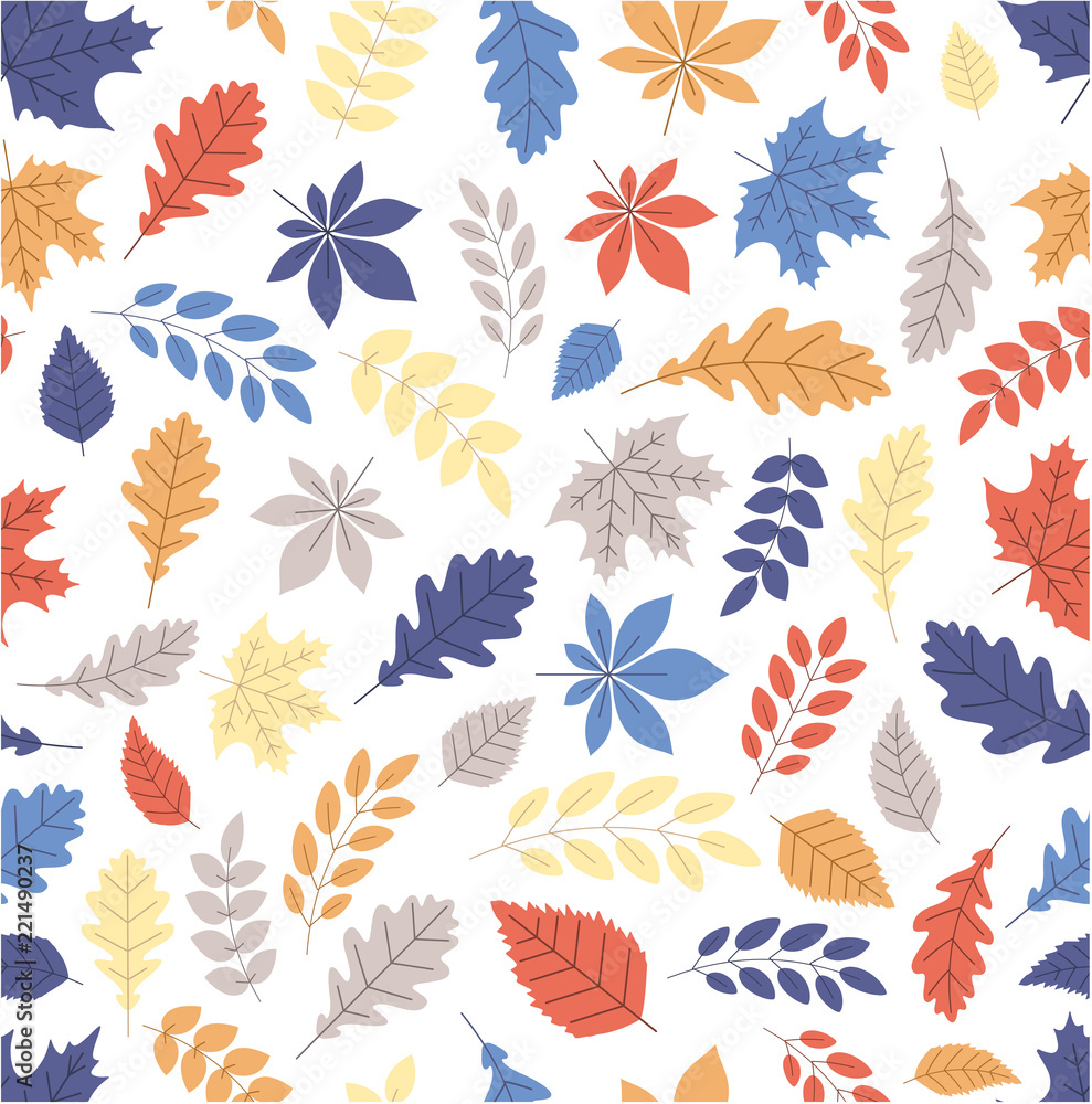 White autumn background with color leaves. Seamless pattern.