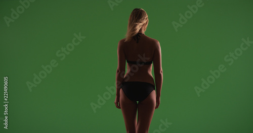 Fotografía Rear view of blonde bikini girl facing away from camera on green screen