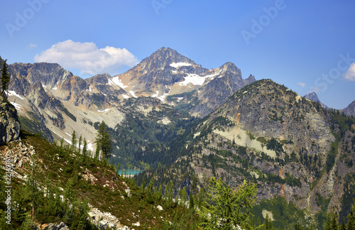 View of Black Peak (located in North Cascades National Park) from the Heather-Maple Pass hiking trail near Rainy Pass, Washington