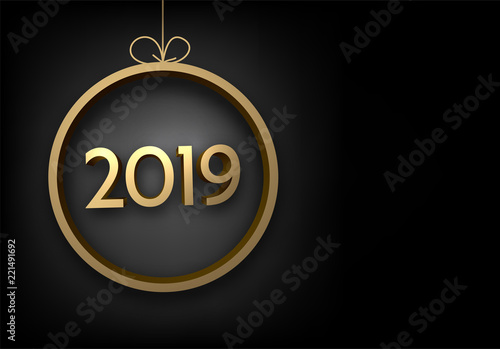 Happy New Year 2019 background with golden Christmas ball.