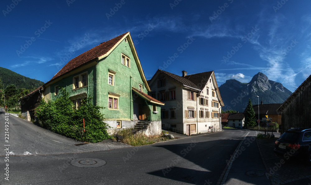 Swiss village of Mels, Rhine Valley, with peak of Gonzen to the right