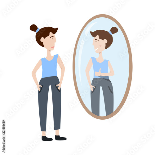 Vector illustration of self acceptance. Young woman watching at her reflection in the mirror