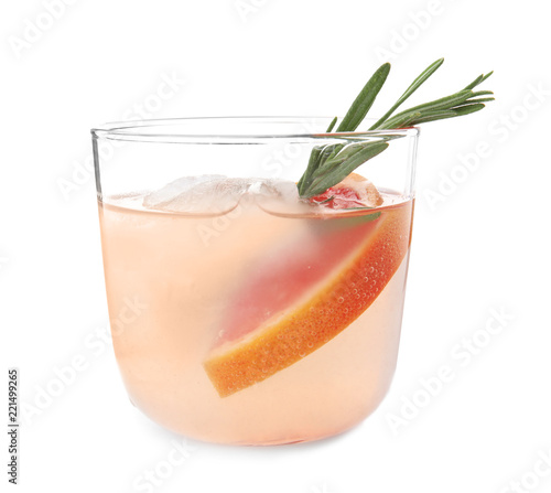 Glass of refreshing grapefruit cocktail with rosemary on white background