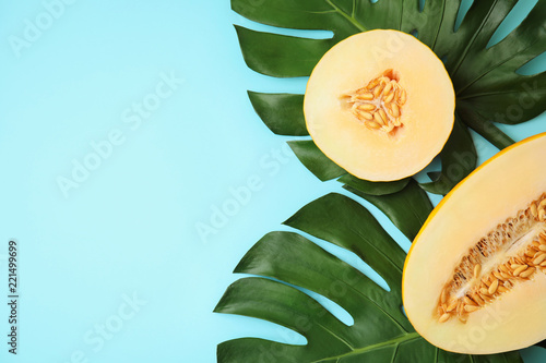 Flat lay composition with melon, tropical leaves and space for text on color background