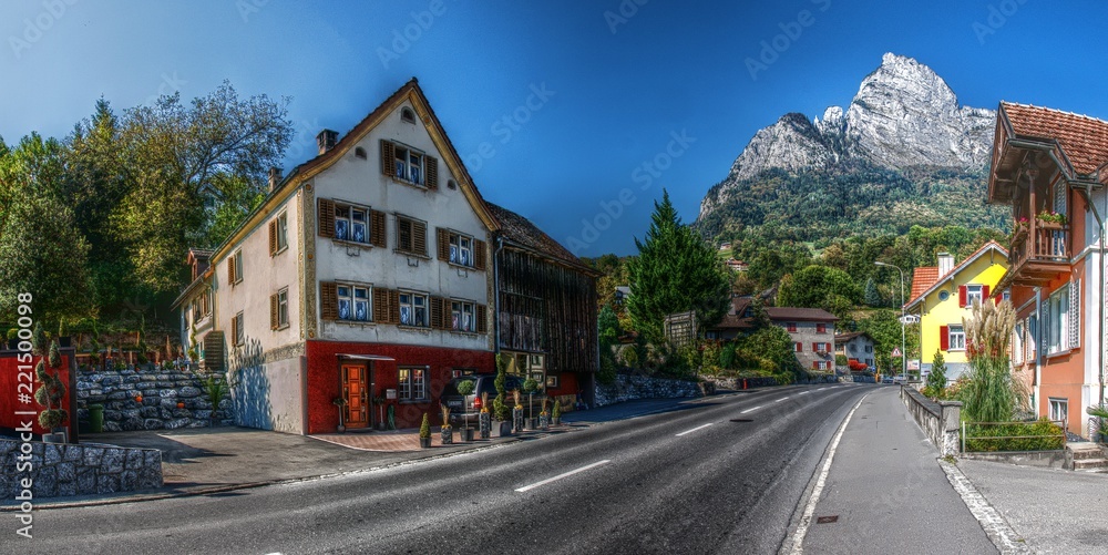 Fototapeta premium Peak of the Gonzen seen from street level in Sargans, Swiss Rhine valley